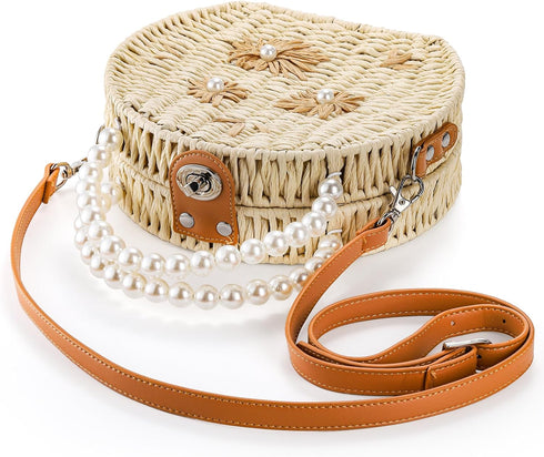 Handwoven Round Rattan Bag, 8" Straw Crossbody Bag with Adjustable Straps, Top Pearl Handle Wicker Tote Bag, Boho Summer Beach Basket Purse, Flowe...