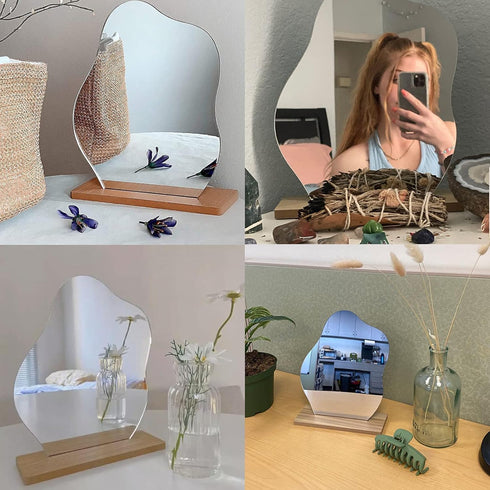 Irregular Aesthetic Vanity Mirror Frameless, Decorative Desk Tabletop Acrylic Mirrors with Wooden Stand for Living Room, Bedroom, Office and Minim...