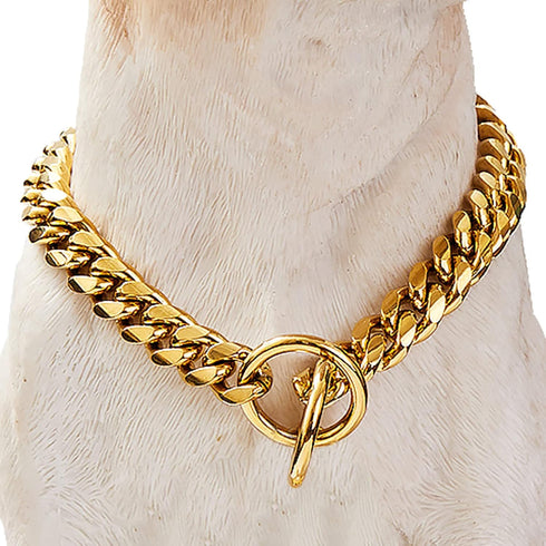 Chain Dog Collar 18K Gold Cuban Link Dog Chain 15MM 10MM Thick Chain Collar Metal Stainless Steel Heavy Duty Slip Dog Collars for Small Dogs (14",...