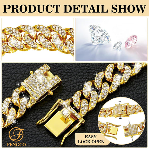 Gold Dog Chain Collar Diamond Cuban Link Dog Collar 13mm Wide Dog Necklace Metal Cat Chain Pet Crystal Collar Jewelry Accessories for Small Medium...