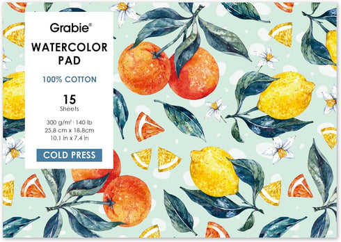 Grabie Watercolor Paper Pad, 100% Cotton Pulp, 15 Sheets, B5 (10.1 x 7.4"), 140lb (300gsm), Glue Bound, Acid-Free Cold Pressed Watercolor Paper, A...