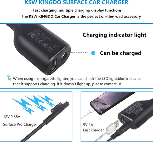 Surface Pro Car Charger Surface Laptop Car Charger,36W 12V 2.58A Power Supply for Microsoft Surface Pro 3/4/5/6/Book/Go,Surface Pro 9,Surface Lapt...