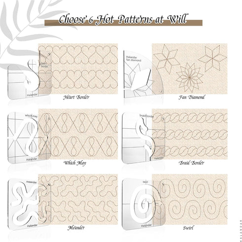 Halandar 7P Free Motion Quilting Template Series with 1 Quilting Frame 1 Shank Ruler Foot 15P Non-Slip mats, 3mm Acrylic Templates for DIY Quiltin...