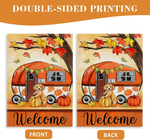 Welcome Fall Camping Car Decorative Garden Flag, Autumn Golden Retriever Dog Pumpkin Yard Outside Decorations, Maple Tree Farmhouse Rustic Burlap ...