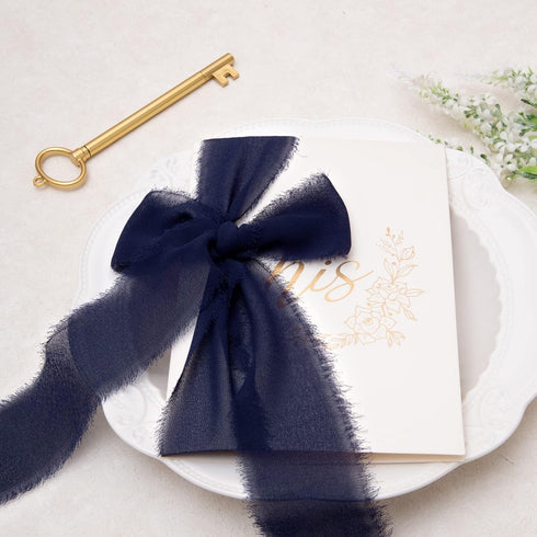 DORIS HOME 3 Rolls 2"x7Yd Fringe Chiffon Ribbon for Flower Bouquet, Handmade Dark Navy Blue Ribbon for Gift Wrapping, Frayed Edge Ribbon for Craft...