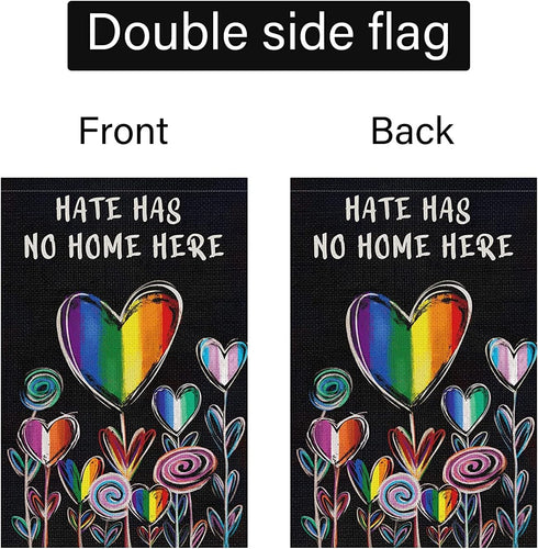 Hate Has No Home Here Pride Garden Flag 12x18 Double Sided Burlap, Small Rainbow Love Heart Gay Lesbian LGBT Pansexual Garden Yard Flags Sign Bann...