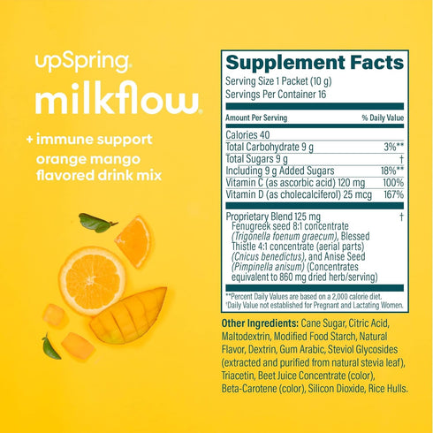 UpSpring Milkflow Immune Support Breastfeeding Supplement Drink Mix with Fenugreek | Orange Mango Flavor | Lactation Supplement to Support Breast ...