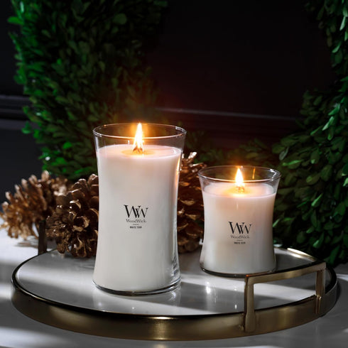 WoodWick Medium Hourglass Candle White Teak - Premium Soy Blend Wax Pluswick Innovation Wood Wick Made in USA...