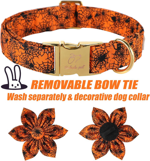 Halloween Dog Collars for Small Dog with Flower Tie,Fall Black Spider Dog Collar with Safety Metal Buckle Adjustable Puppy Collars for Medium Larg...