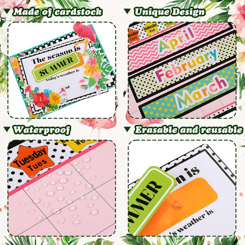 114 Pcs Boho Tropical Calendar Bulletin Board Set Monthly Calendar with Numbers Pineapple Flamingo Flower Seasons Weather Cutout Days of The Week ...