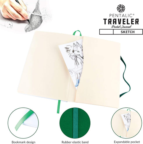 Pentalic 6" x 8" Pocket Sketchbook Traveler Journal, 160 Pages, Green...