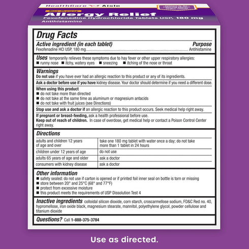 HealthCareAisle Allergy Relief - Fexofenadine Hydrochloride Tablets USP, 180 mg, 90 Tablets, Allergy Medication, Non-Drowsy 24-Hour Relief...