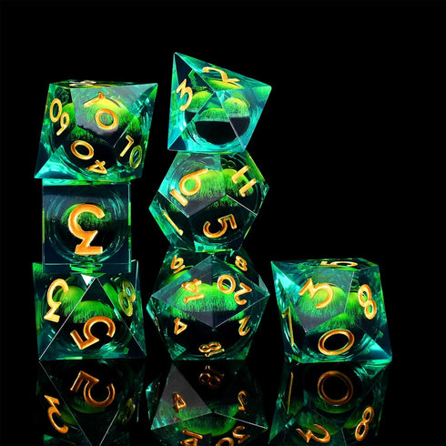 DND Resin Dragon Eye Dice Set for RPG & Role Playing - 7pcs Polyhedral Liquid Core Sharp Edged Dice Set D20 D12 D10 D8 D6 D4 with Gift Box,Dungeon...
