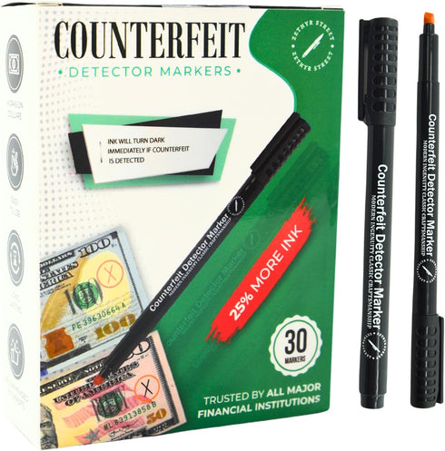 Counterfeit Money Pens - Pack of 30 - Money Markers - Counterfeit Money Marker Pens - Extra Ink, Ink Turns Dark Upon Detection, Money Pens for Fra...