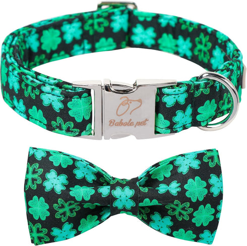 St.Patrick's Day Clover Dog Collars with Bow Tie,Black Clover Soft Cotton with Safety Metal Buckle Adjustable Puppy Collars for Large Boy & Girl D...