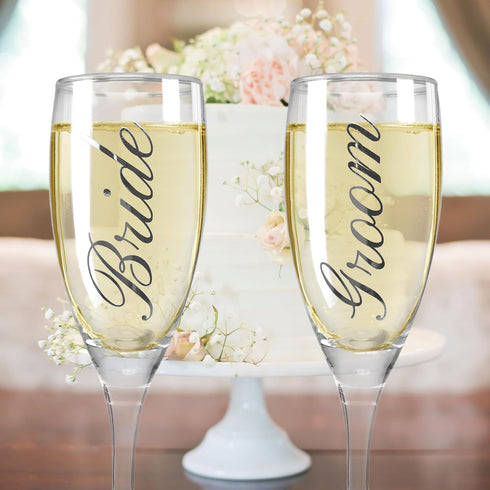 BANBERRY DESIGNS Bride and Groom Champagne Glasses Set of 2 Elegant Toasting Flutes Silver Wedding Champagne Set Wedding Glasses 6 oz...