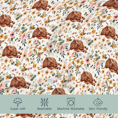 Highland Cow Boho Floral Changing Pad Cover for Baby Girls, Western Farm Animal Retro Flower Diaper Change Table Covers, Soft Stretchy Safe Snug F...