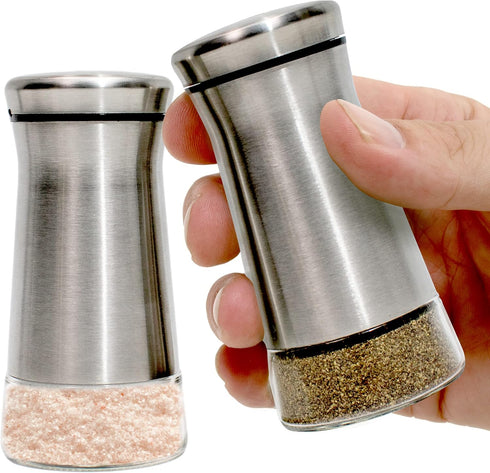 Willow & Everett Salt and Pepper Shaker Set - Stainless Steel & Glass with Adjustable Pour Dial - Ideal for Pre-Ground Spices & Seasoning Blends...
