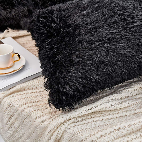 JAUXIO Long Faux Fur Soft Soild Decorative Pillowcase Fluffy Throw Pillow Cover Velvet Shaggy Plush Cushion Case Set of 2 Zipper Closure Queen Siz...