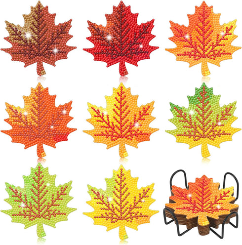 Shellwei 8 Pcs Fall Diamond Art Coasters Maple Leaves Diamond Painting Coasters with Holder Thanksgiving Diamond Painting Kit Orange Autumn Diamon...