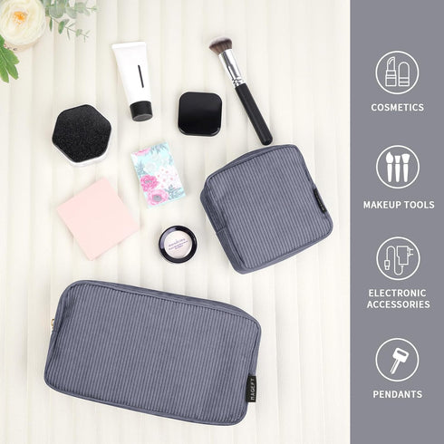 MAGEFY Makeup Bag 2 Pcs Corduroy Cosmetic Bag Mini Big Makeup Bags for Women Travel Pouch with Slip-in Pockets Eco?Black?...
