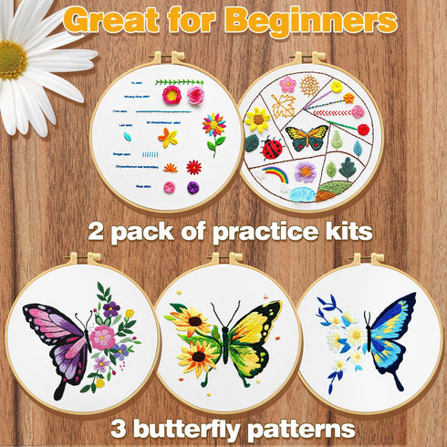 ECJWEI Embroidery Kit for Beginners, 5 Sets Embroidery Kit with Embroidery Patterns, Butterfly Cross Stitch Kits includes Embroidery Thread Embroi...