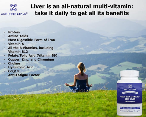 Zen Principle Ultra-Pure Desiccated Beef Liver, Grass-Fed, Pasture-Raised Cows. No Hormones or GMO. Natural Energy and Workout Boost from Iron, Am...