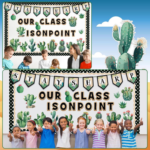 Qilery 64 Pcs Cactus Bulletin Board Set Greenery Classroom Bulletin Board Decoration Stay Sharp Our Class is on Point Cactus Bulletin Board Cutout...