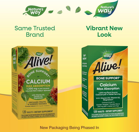 Nature's Way Alive! Calcium Max Absorption, Bone Support*, Plant Source Calcium, Vitamin D3 & K2, Magnesium, 120 Tablets (Packaging May Vary)...
