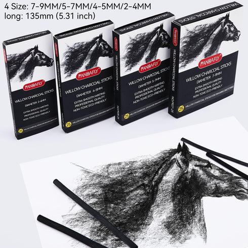 PANDAFLY Willow Charcoal Sticks, Soft, Black Artist Vine Charcoal for Artists, Beginners, Students, Great for Sketching, Drawing, Shading and Fine...