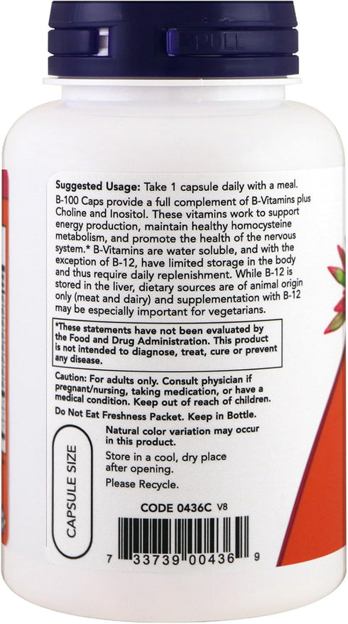 NOW Supplements, Vitamin B-100, Energy Production*, Nervous System Health*, 100 veg capsules...