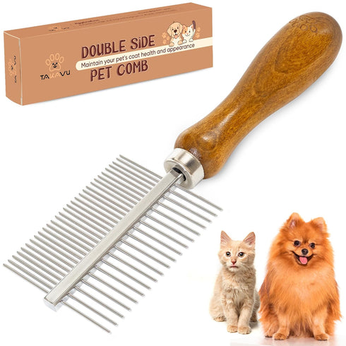 Takavu Detangling Pet Comb, Double-Sided Stainless Steel Teeth for Grooming Pets Hair, Fur Detangling Pins Safely Remove Knots & Tangles for Healt...