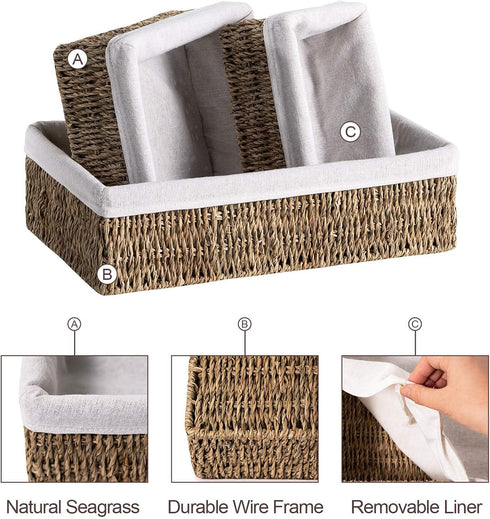 FairyHaus Seagrass Storage Baskets with Liner, Natural Small Seagrass Baskets, Hand-woven Nesting Wicker Baskets Set for Shelves Rectangle 3Pack (...