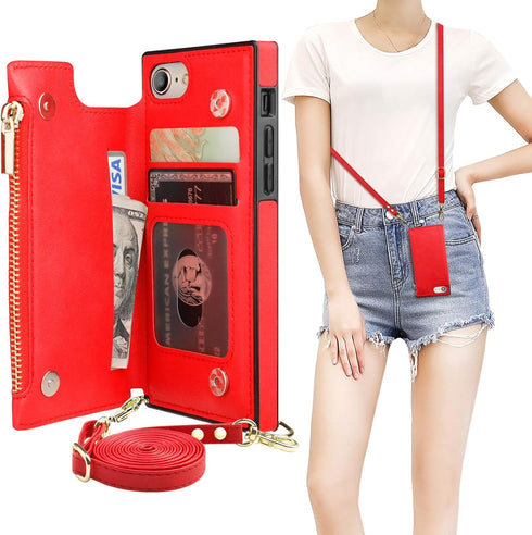 Bocasal Crossbody Wallet Case for iPhone SE 2022/SE 2020/7/8 with Card Holder,Zipper Card Slot Protector Shockproof Purse Cover with Removable Cro...