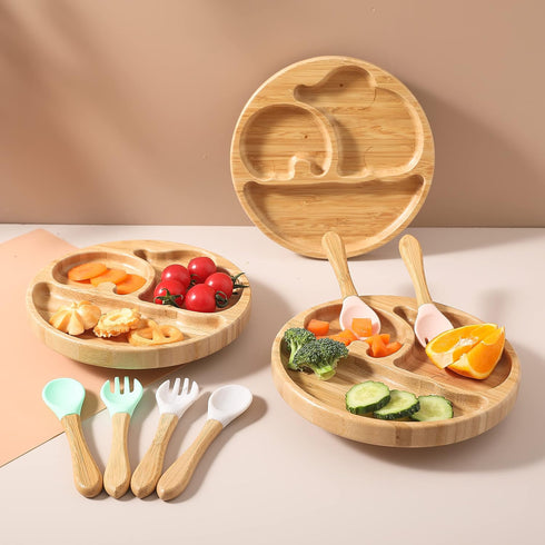 Suction Plates for Baby & Toddler, Bamboo Divided Platter Feeding Dishes with Silicone Fork& Spoon, All-Natural Baby Food Plate Stays for Baby-Led...
