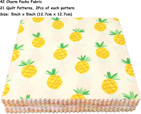 Charm Packs for Quilting 5 inch, 42 5-inch Cotton Fabric Charm Squares, Charm Squares for Quilting 5x5, Cartoon Fruit Print Fabric Squares...
