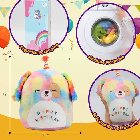 Easfan 12'' Original Rainbow Birthday Dog Plush Pillow Soft Puppy Plush Toy Cute Dog Stuffed Animal Birthday Gifts for Kids Toddlers...