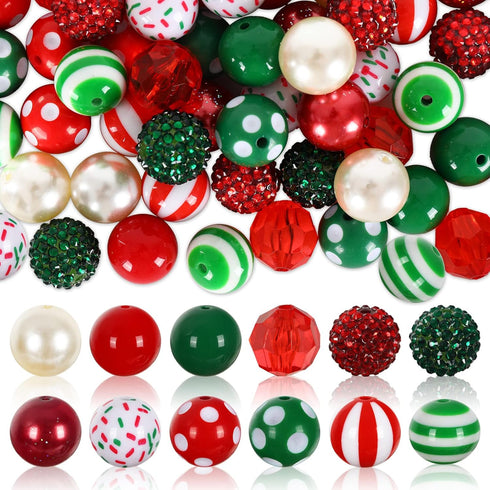 Whaline 60Pcs Christmas Bubblegum Beads 20mm Bulk Mixed Christmas Chunky Beads Red Green Acrylic Spacer Beads Xmas Gumball Loose Beads Kit for Chr...