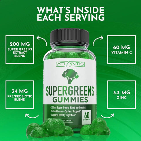 Supergreens Gummies - Daily Green Superfoods Supplement with Spinach, Broccoli, Moringa, Beet Root, Celery, Green Tea, & Acai for Immunity Support...