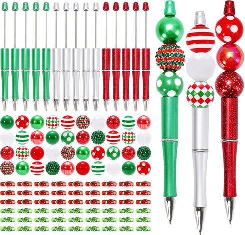 Whaline 15Pcs Christmas Beadable Pen Red Green Silver Bead Ballpoint Pen Gel Ink Pen with 50Pcs Colorful Beads 100Pcs Rhinestone Beads for Xmas DI...