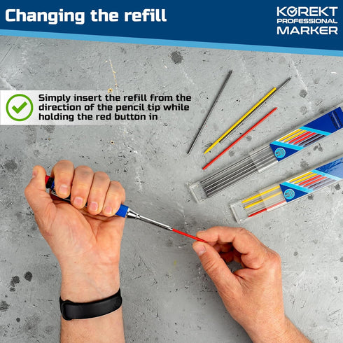 KOREKT Professional Marker, Heavy Duty Mechanical Carpenter Pencil Set | 12 Refills and Built-in Sharpener | Construction, Woodworking, Welding, C...