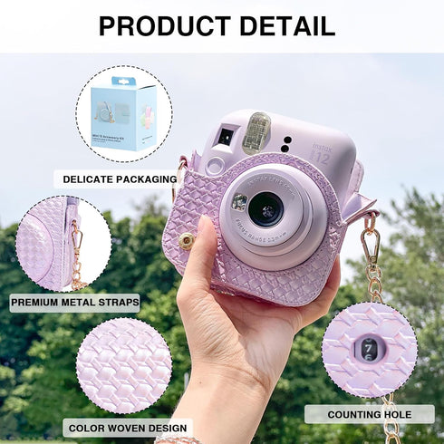 Protective Case for Fujifilm Instax Mini 12 Instant Camera, PU Camera Case with 64 Pocket Mini Photo Album, Cute Camera Strap, Photo Border Sticke...