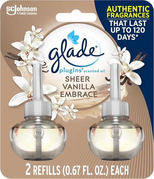 Glade PlugIns Refills Air Freshener, Scented and Essential Oils for Home and Bathroom, Sheer Vanilla Embrace, 1.34 Oz, 2 Count...