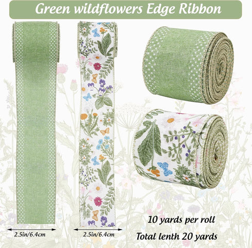 Green Wildflowers Wired Edge Ribbon Retro Wild Floral Craft Ribbon Spring Fabric Ribbon for Wreath Bow Making DIY Wrapping Party Decor Supplies, 2...