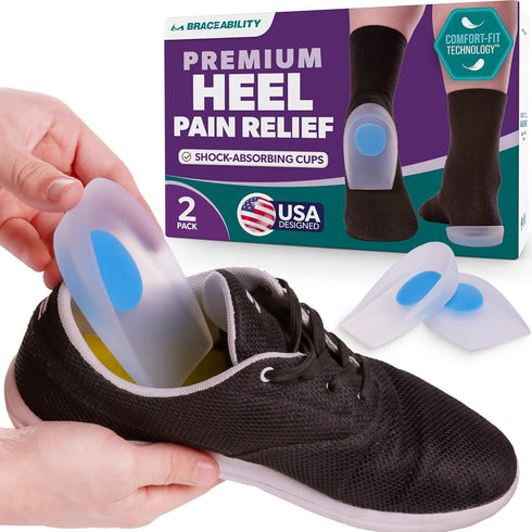 BraceAbility Heel Spur Cups | Medical-Grade Silicone Plantar Fasciitis Insole Cushion Pads, Gel Foot Orthotic & Shoe Insert Protectors (Pair - Lar...