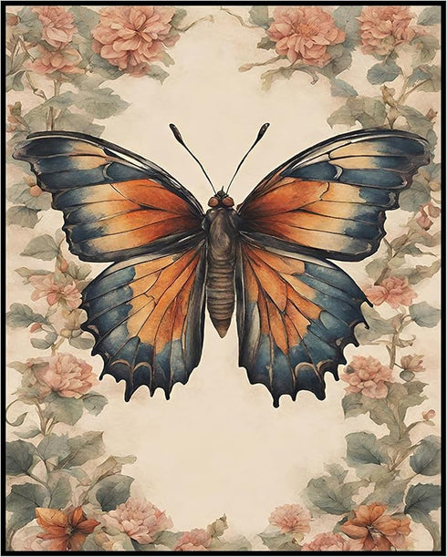 Posterizer 1 pcs- Orange and blue butterfly with wild red flowers-Art for Animal Lovers-Floral Botanical Art- Gift for Men Women Teens-Living Room...