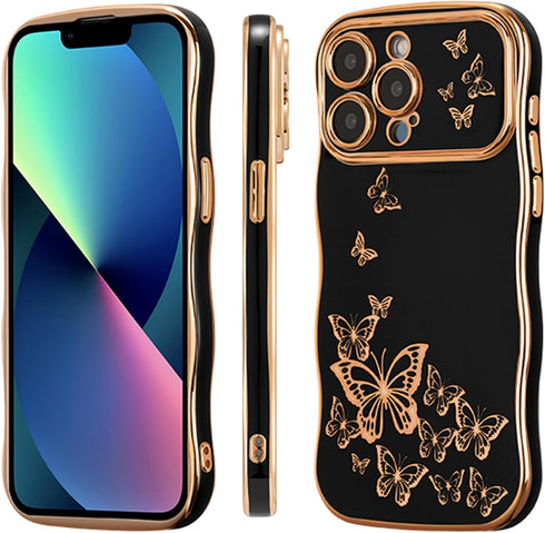 ZTOFERA for iPhone 13 Pro Max Case for Girl Women, Cute Curly Wave Frame with Luxury Plating Butterfly Pattern, Soft TPU Shockproof Raised Lens Pr...