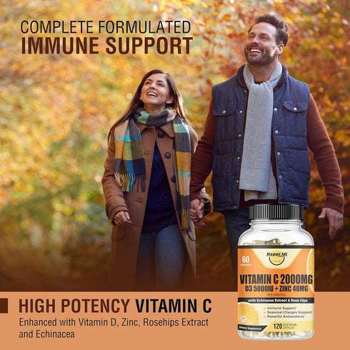 Vitamin C 2000MG, Zinc 40 mg, Vitamin D3 5000 IU, Echinacea Extract, Rose Hip, Immune Support for Adults & Kids, Immune Booster,120 Vegan Caps, 60...