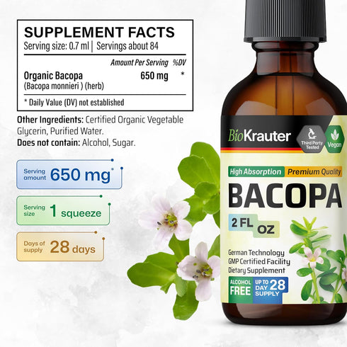 Bacopa Monnieri Organic Tincture - Cognitive Health Support Liquid Supplement - Organic Bacopa Herbal Extract - Alcohol & Sugar Free Vegan Drops 2...