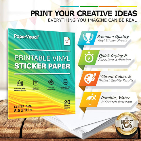Printable Permanent Vinyl Paper - 20 Sticker Sheets For Printer - Matte White Waterproof Sticker Paper - Thick Tear-Resistant Sticker Printer Pape...
